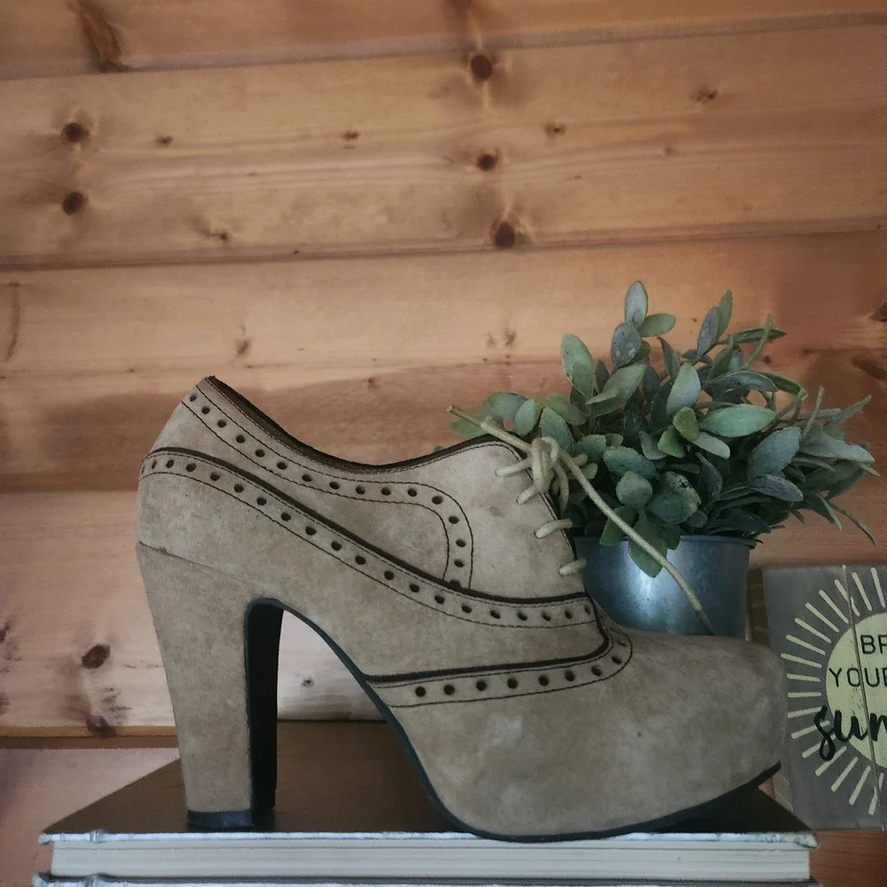 Miz Mooz Lance Platform Heels Suede Leather Oxford Wingtip Booties Boots Sz 8.5